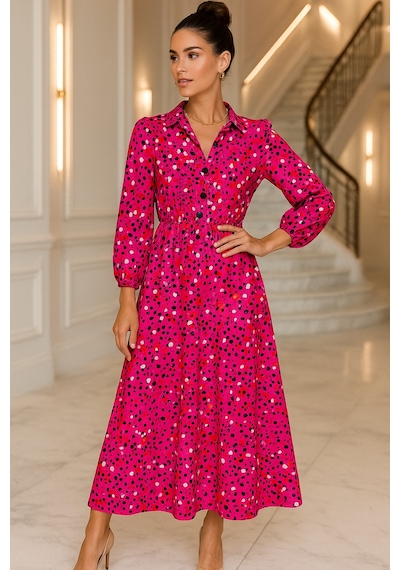 Rich Kadın Beyaz Fuşya Uzun Kollu Renkli Desenli Boydan Düğmeli Maxi Elbise Beyaz