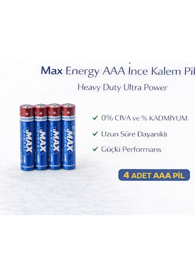 Max Energy Aaa İnce Kalem Pil 1.5v R03 Heavy Duty Ultra Power 4 Lü 1 Paket
