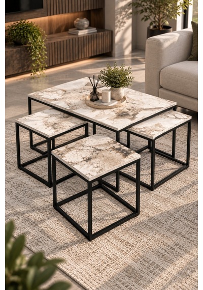 Sulorahome Ekru Desenli Metal Ayaklı 4'lü Sehpa Seti
