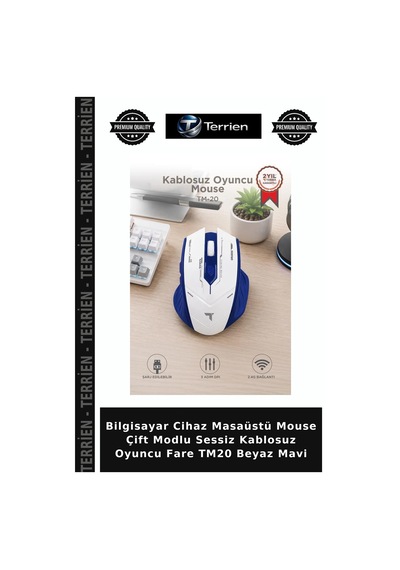 Bilgisayar Cihaz Masaüstü Mouse Çift Modlu Sessiz Kablosuz Oyuncu Fare Tm20 Beyaz Mavi