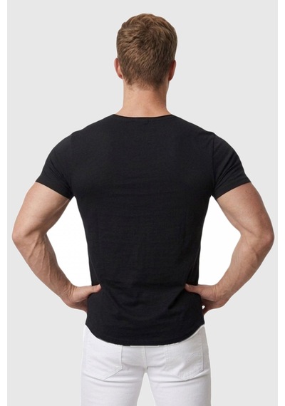 Deepsea Erkek Siyah Geniş Yaka Likralı Tişört Oval Yaka Slim Fit Eteği Oval Açık Yaka T-shirt 1801199 Siyah