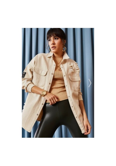 Esb Design Kadın Bej Boyfriend Oversize Eskitmeli Denim Jeans Kot Ceket