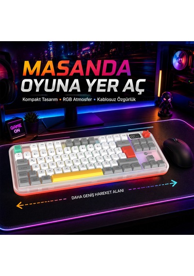 Lecoo Gk302 Üç Modlu Rgb Kablosuz 85 Tuşlu Türkçe Q Membran Oyuncu Klavyesi Beyaz Gri