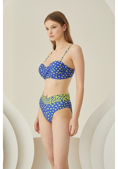 Loya Kadın Sarı Lacivert Puantiyeli Straplez Tek Üst Bikini Lacivert - Sarı