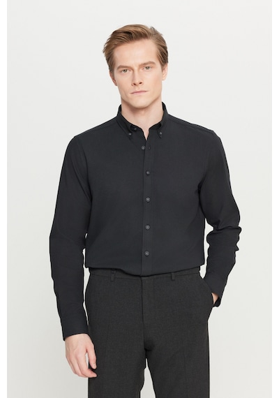 Altınyıldız Classıcs Erkek Sıyah Pamuklu Slim Fit Dar Kesim Düğmeli Yaka Diagonal Desenli Flanel Gömlek Siyah