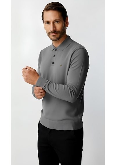 İgs Gri Standart Fit Dar Kalıp Polo Yaka Düz Uzun Kollu Rayon Triko-21896 Gri