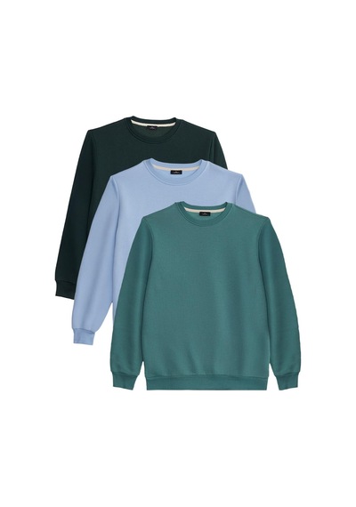 Tudors Unisex 3'lü Paket Petrol-mavi-yeşil Relax Fit Pamuklu 3 İplik İçi Polarlı Bisiklet Yaka Sweatshirt-42103 Çok Renkli