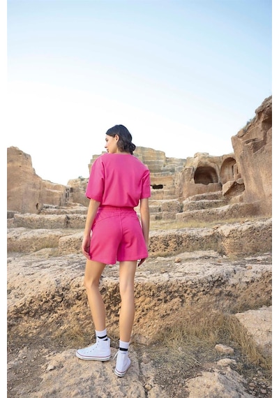 Monamise Kadın Kısa Kollu "calm Down" 3'lü Crop Şort Takımı 23088-pembe Pembe