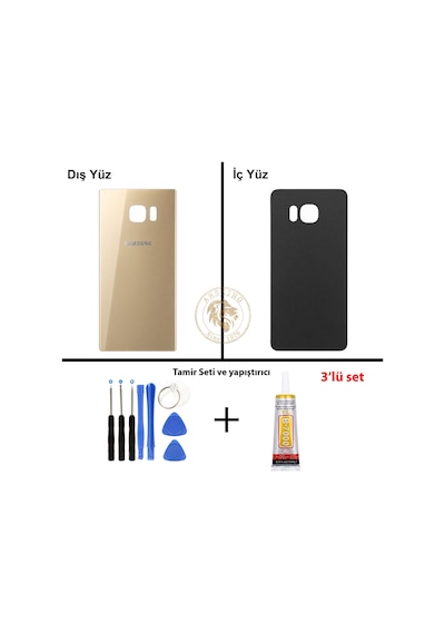 Samsung Galaxy S6 Edge Plus Gold Renk Arka Kapak + Tamir Seti + B7000 Yapıştırıcı Arka Cam Batarya Kapağı Pil Kapağı Lazer Kesim Back Cover Galaxy S6 Edge Plus Uyumlu
