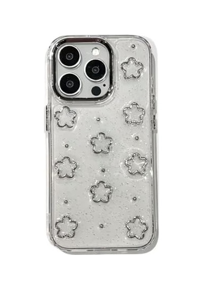 3d Gümüş Çiçekli Şeffaf Simli İphone 13 Pro Uyumlu Kılıf Kamera Korumalı, Darbe Emici Silikon Diğer