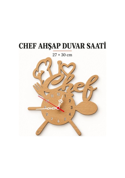 Chef Detaylı Sessiz Mekanizma Ahşap 27x30 Cm Duvar Saati Restoran, Mutfak İçin İdeal Lüx Duvar Dekoru Saat