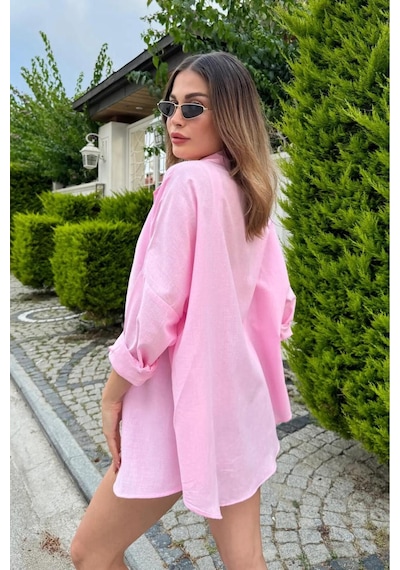 Rouge Basıc Oversize Keten Dokulu %100 Pamuk Salaş Gömlek Pembe