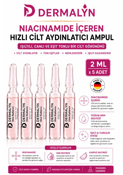 Dermalyn 5 Adet Niacinamide İçeren Hızlı Cilt Aydınlatıcı Glow Etkili Nemlendirici Ampul Serum Dermaroller