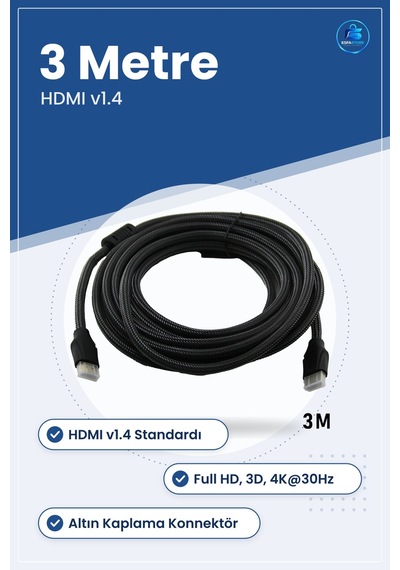 Hdmı V1.4 Kablo 3 Metre Örgülü Altın Kaplama Full Hd 3d 4k 30hz T