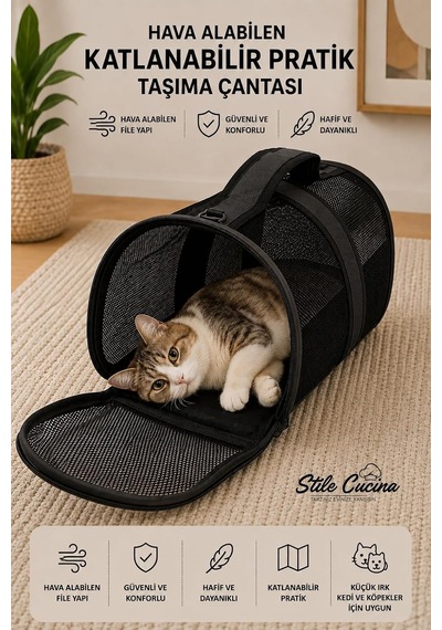 Tr Fileli Kedi Ve Köpek Taşıma Çantası, Katlanabilir, 8 Kg, 42x25x28 Cm Siyah
