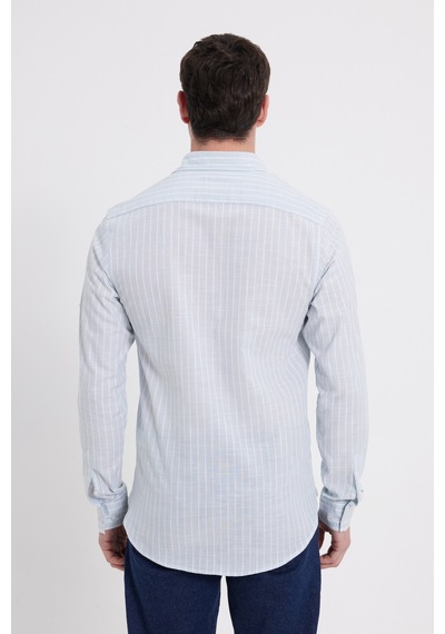 Tudors Erkek Slim Fit Dar Kesim Uzun Kollu %100 Pamuk Keten Doku Çizgili Gömlek-42654 Mint