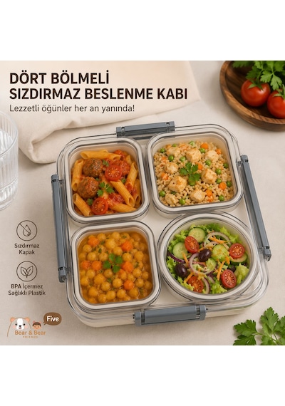 Sosluklu 4 Bölmeli Gıdaya Uygun Plastik Yemek Kabı Sızdırmaz Kapaklı Taşınabilir Diyet Beslenme Kabı 611 1800ml Açık Gri