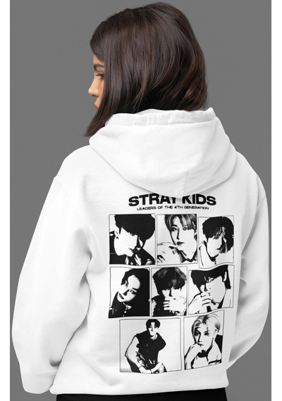 Sevbano Stray Kids Müzik Grubu Sırt Baskılı Unisex Oversize Penye Hoodie beyaz