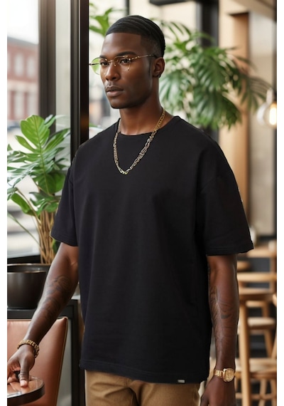 Balenbi Unisex Bisiklet Yaka 2 Iplik Basic Oversize Penye Tişört 1009 Black Siyah