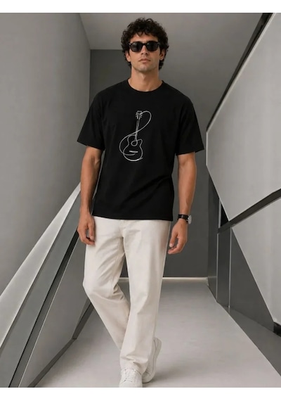 Modi Erkek Minimal Gitar Baskılı Tişört T-shirt Yazlık Kısa Kol Bisiklet Yaka T-shirt - Siyah Açık Lacivert - Gri - Siyah