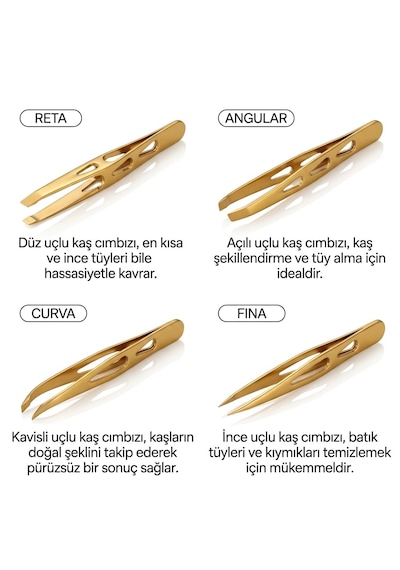 Profesyonel 4'lü Kaş Cımbız Seti - Altın Renkli Paslanmaz Çelik Şık Taşıma Kutulu Set