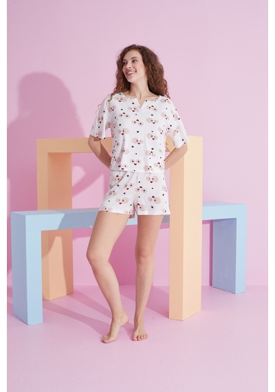 Siyah İnci Likralı Örme T-shirt-şort Pijama Takım 7809 Beyaz Göz Desenli