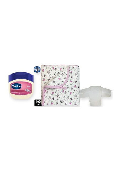 Yenidoğan Hediye Seti 3 Parça: İç Zıbın + Battaniye + Vaseline Bakım Kremi - Pembe