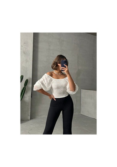 Verymoda Gipeli Papatya Desenli Bluz - F0988 Krem