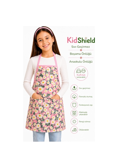Kidshield Sıvı Geçirmez Boyama Önlüğü Anaokulu Önlüğü Sıvı Geçirmez Resim Önlüğü Pembe