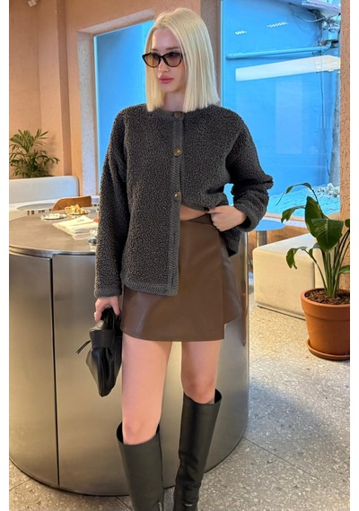 Madmext Kahverengi Deri Mini Şort Etek Mg2550 Kahverengi