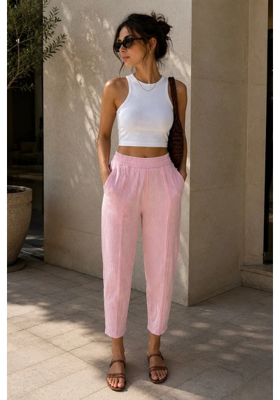 Bbbutikbasic Kadın Müslin Havuç Kesim Rahat Pantolon My3535 Pembe