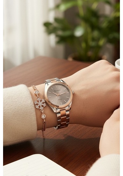 Bileklik Hediyeli Rose Gold/metalik Kahve Kadran Kadın Kol Saati 35 Mm Çelik Kordon 2 Yıl Garantili Gümüş - Rose Gold