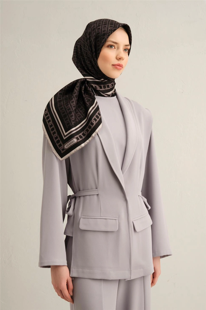 Armine Klasik Desenli Saf İpek Twill Eşarp 9301d 84 KAhverengi