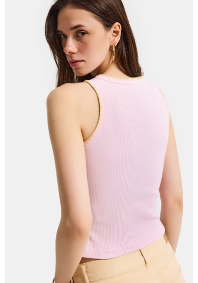 Kadın Pembe S6-98 Crop Fit Süper Elastan Sarı İşlemeli Body