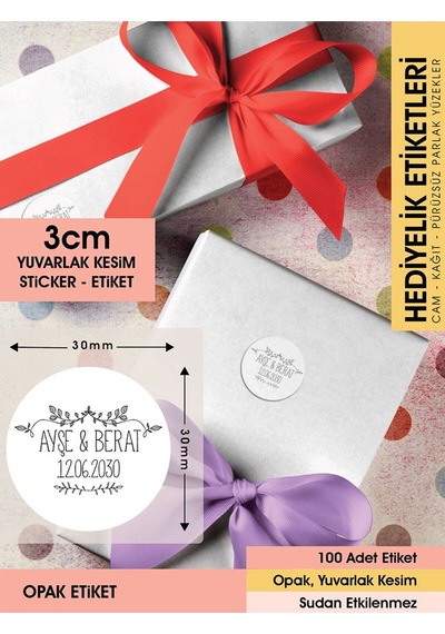 Çiçek Desenli Etiket Modeli, Düğün Hediyelik Etiket 3cm - 100 Adet Opak Sticker Siyah - Beyaz