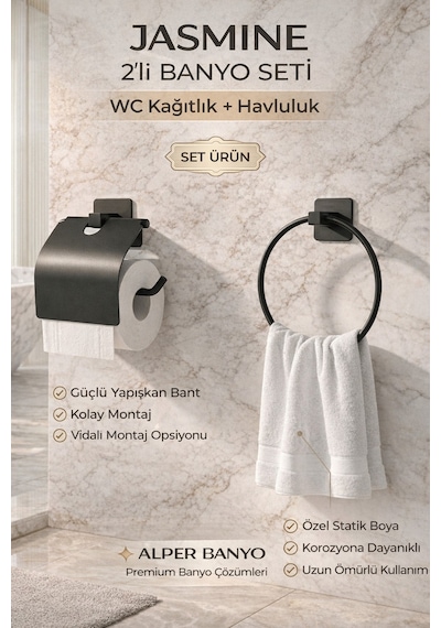 Alper Banyo Siyah 3 Parça Yapışkanlı Banyo Seti | 3 Katlı Köşe Banyo Rafı, Kare Kapaklı Kağıtlık, Halka Havluluk