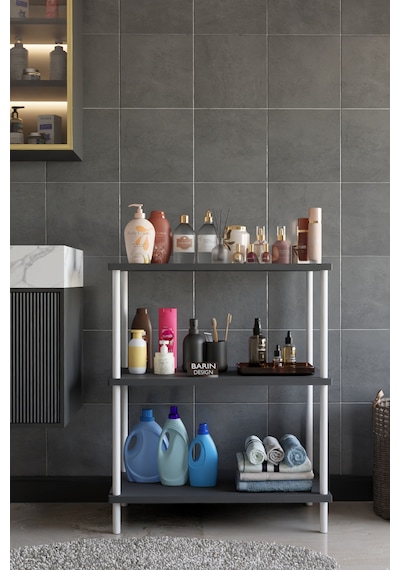 3 Raflı Çevir Tak Beyaz Metal Gövdeli Çok Amaçlı Banyo Rafı Ve Organizer Raf Banyo Dolabı Antrasit