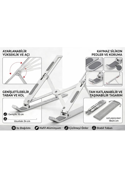 Alüminyum Ayarlanabilir Laptop Standı Ergonomik Notebook Yükseltici Soğutucu Katlanabilir