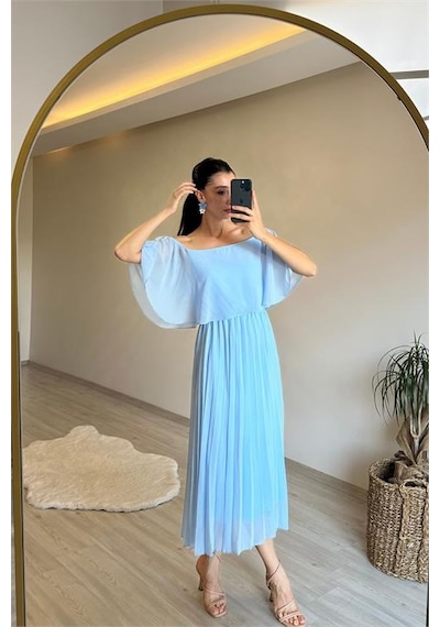 Neşeli Butik Kadın Omzu Açık Piliseli Midi Şifon Elbise Nm006 Bebe Mavisi