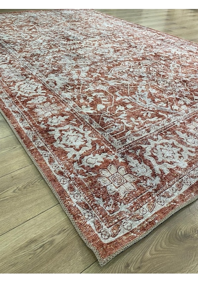 Çam Halı Anatolia 32-053 Etnik Eskitme Desenli Dokuma Tabanlı Yıkanabilir Şönil Salon Ve Oda Halısı Kiremit - Krem
