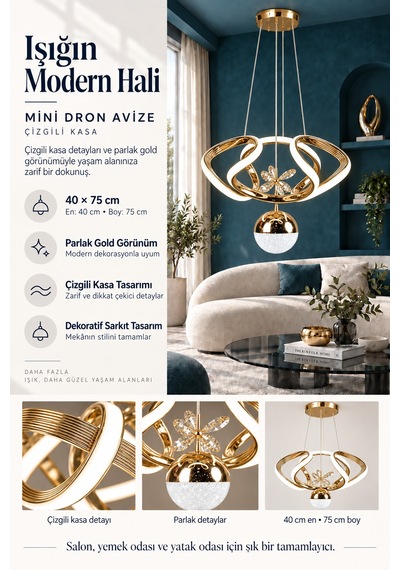 Mini Dron Büyük Modern Ledli Avize Çizgili 3 Renk Power Ledli Gold Kaplama Çoçuk Odası Yatak Odası Mutfak