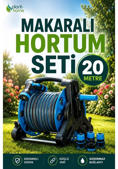 Makaralı Hortum Seti 20 Metre Bahçe Sulama Hortumu 1/2 İç Çap 5 Fonksiyonlu Sulama Tabancalı