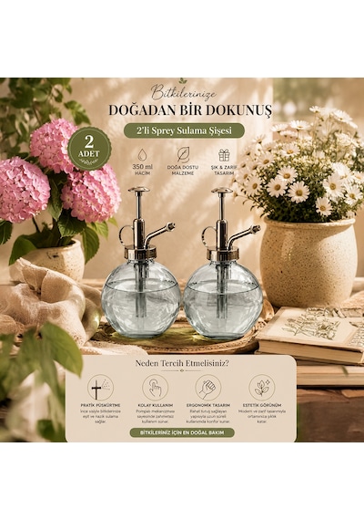 Porsima 15729 2'li Cam Sprey Şişe Seti 350 Ml Gri Cam Çiçek Bitki Sulama Püskürtücü & Sprey Yağdanlık