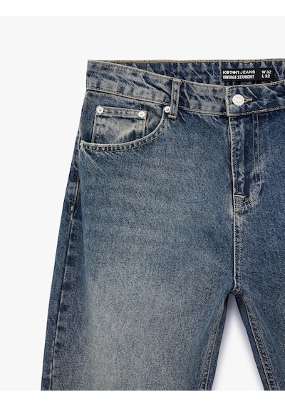 Koton Pamuklu Normal Bel Cepli Vintage Straight Fit Jean Pantolon Petrol 7wam40063nd
