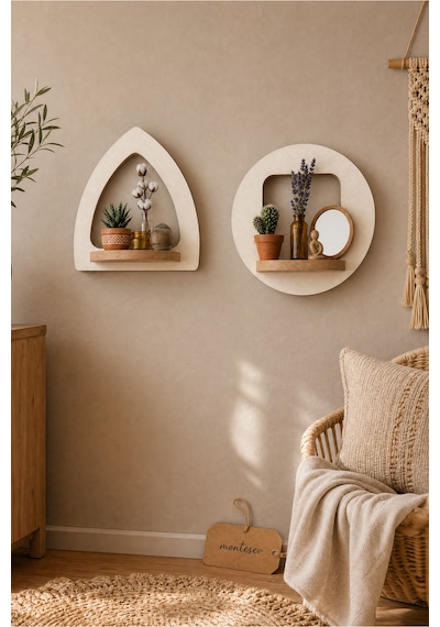 Ahşap Dekoratif Duvar Rafı 2 Li / 3 Lü Set Mtsv - 857 Beyaz