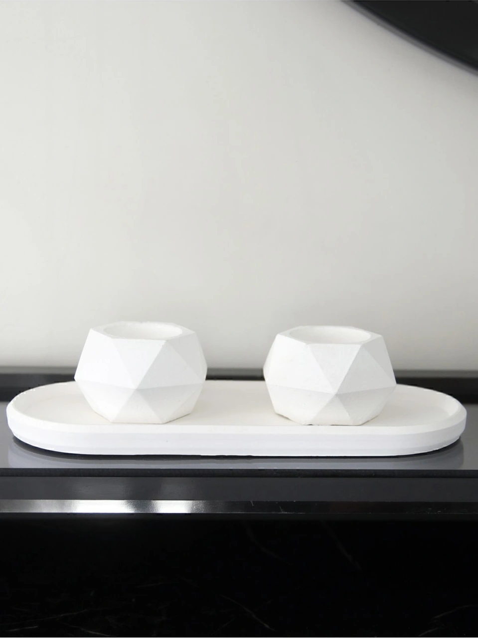 Geometrik Tealight Beton Mumluk, Oval Tabaklı Dekoratif Hediyelik Set Ham Beyaz Beyaz