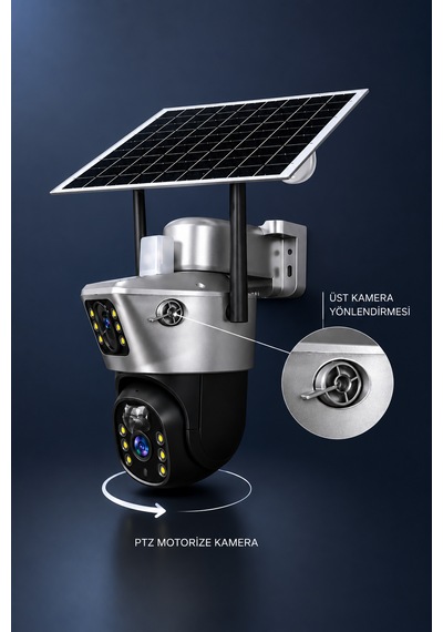 Wifi 3 Kameralı Solar Panelli İkaz Lambalı Gece Görüşlü Güvenlik Kamerası
