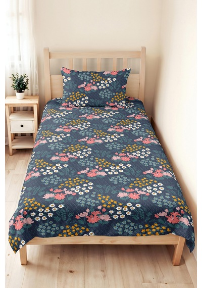 Çiçekli Lacivert Genç Kız Odası Pike Takımı - Botanik Pembe Sarı Mevsimlik Yatak Örtüsü - 160x220 Cm Gizli İpek Aurası
