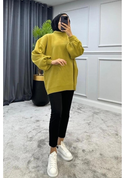 De Pose Yarım Boğazlı Tesettür Triko Kazak Yağ Yeşili
