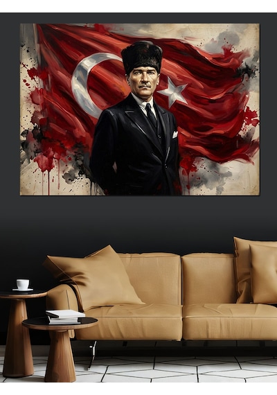 Atatürk Türk Bayrağı Önünde Portre Dekoratif Kanvas - Mdf Ahşap Tablo
